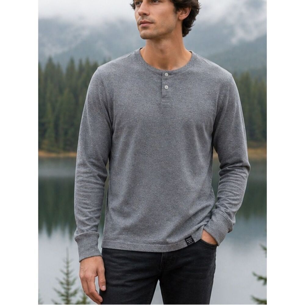 Lucky Brand Henley T-Shirt Men's M Heather Gray Cotton Poly 2 Snap Long Sleeve